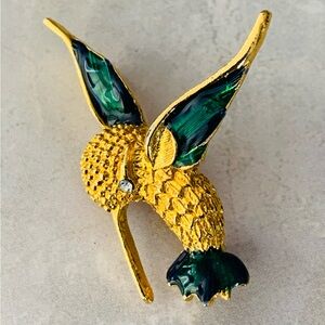 Vintage Gold and Green Enamel Hummingbird Brooch